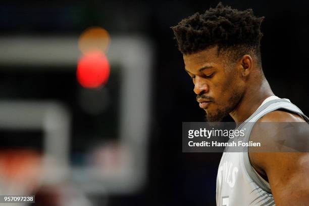 Jimmy Butler of the Minnesota Timberwolves looks on during the game against the Denver Nuggets on April 11, 2018 at the Target Center in Minneapolis,...
