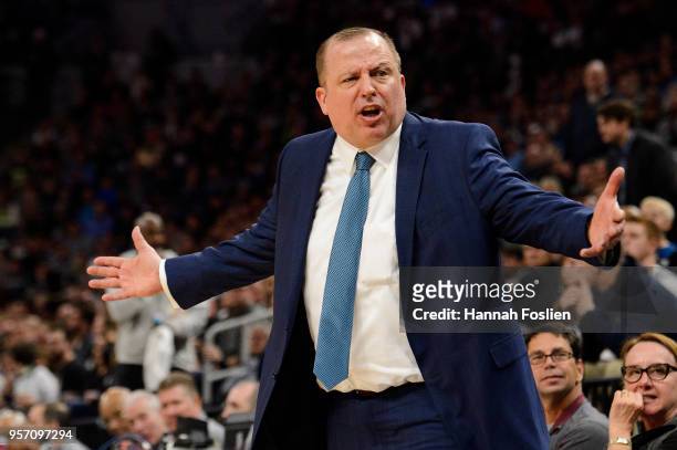 Head coach Tom Thibodeau of the Minnesota Timberwolves reacts as his team plays against the Denver Nuggets during the game on April 11, 2018 at the...