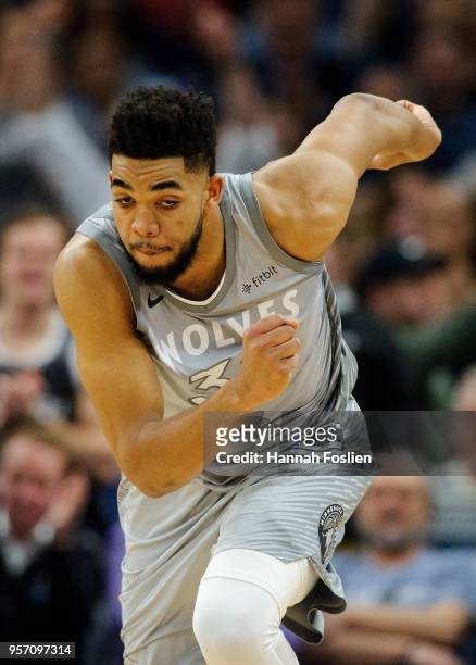 Karl-Anthony Towns of the Minnesota Timberwolves runs down the court during the game against the Denver Nuggets on April 11, 2018 at the Target...