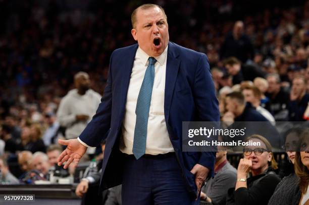 Head coach Tom Thibodeau of the Minnesota Timberwolves reacts as his team plays against the Denver Nuggets during the game on April 11, 2018 at the...