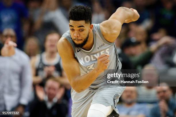 Karl-Anthony Towns of the Minnesota Timberwolves runs down the court during the game against the Denver Nuggets on April 11, 2018 at the Target...