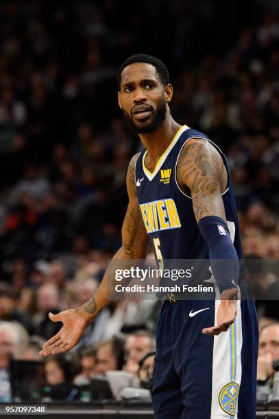 Will Barton of the Denver Nuggets reacts during the game against the Minnesota Timberwolves on April 11, 2018 at the Target Center in Minneapolis,...