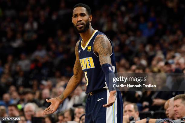 Will Barton of the Denver Nuggets reacts during the game against the Minnesota Timberwolves on April 11, 2018 at the Target Center in Minneapolis,...