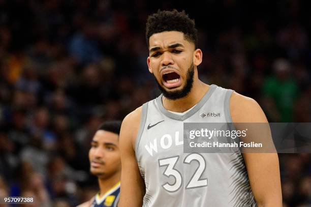 Karl-Anthony Towns of the Minnesota Timberwolves reacts to a call during the game against the Denver Nuggets on April 11, 2018 at the Target Center...