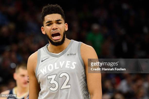 Karl-Anthony Towns of the Minnesota Timberwolves reacts to a call during the game against the Denver Nuggets on April 11, 2018 at the Target Center...