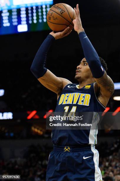 Gary Harris of the Denver Nuggets shoots the ball against the Minnesota Timberwolves during the game on April 11, 2018 at the Target Center in...