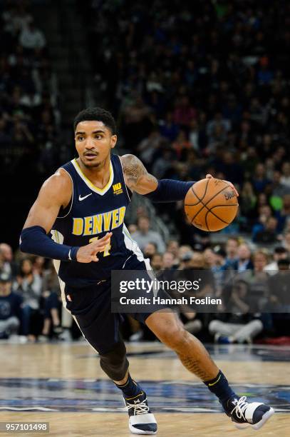 Gary Harris of the Denver Nuggets drives to the basket against the Minnesota Timberwolves during the game on April 11, 2018 at the Target Center in...