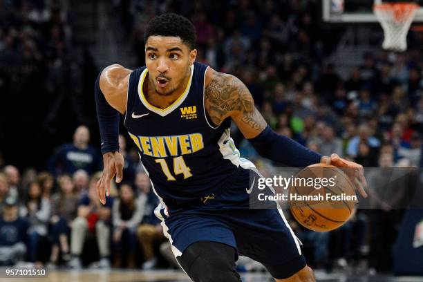 Gary Harris of the Denver Nuggets drives to the basket against the Minnesota Timberwolves during the game on April 11, 2018 at the Target Center in...