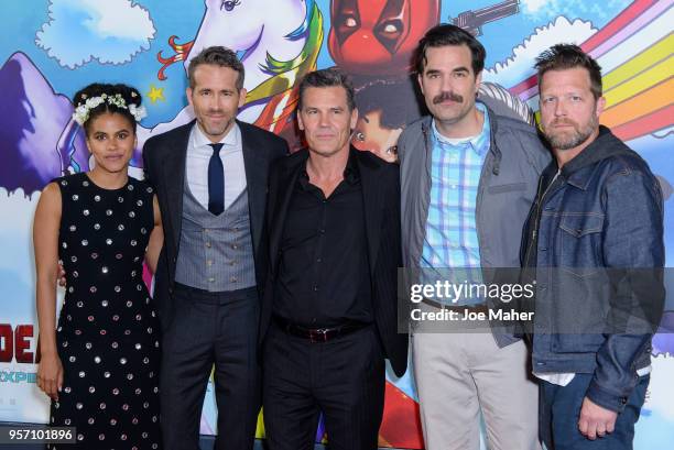 Zazzie Beetz, Ryan Reynolds, Josh Brolin and Rob Delaney attend the 'Deadpool 2' photocall at Empire Casino Leicester Square on May 10, 2018 in...