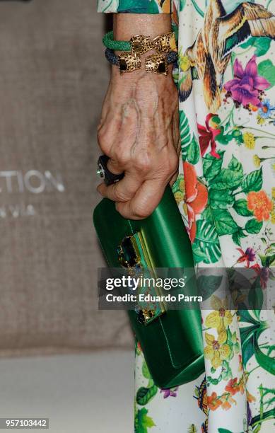 Carmen Lomana, handbag detail, attends the 'NH Collection Gran Via hotel' inauguration at NH Collection Gran Via hotel on May 10, 2018 in Madrid,...