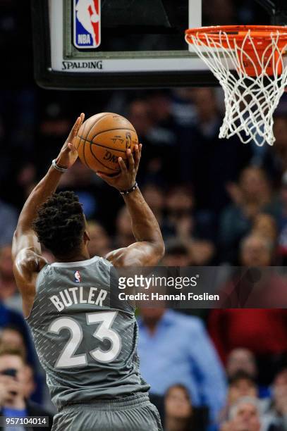 Jimmy Butler of the Minnesota Timberwolves shoots the ball against the Denver Nuggets during the game on April 11, 2018 at the Target Center in...
