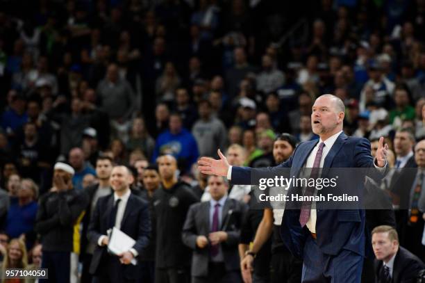 Head coach Michael Malone of the Denver Nuggets reacts during the game against the Minnesota Timberwolves on April 11, 2018 at the Target Center in...