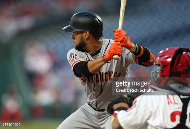 Gregor Blanco of the San Francisco Giants in action against the Philadelphia Phillies during a game at Citizens Bank Park on May 8, 2018 in...