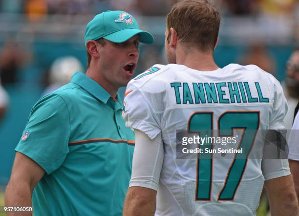 Miami Dolphins head coach Adam Gase has words with quarterback Ryan Tannehill during a 2016 a game against the Pittsburgh Steelers at Hard Rock...