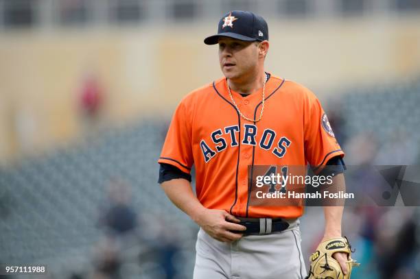 Brad Peacock of the Houston Astros looks on after the game against the Minnesota Twins on April 11, 2018 at Target Field in Minneapolis, Minnesota....