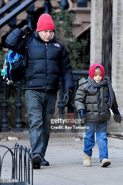 Actor Matthew Broderick and his son James Wilke Broderick walk to school in the West Village on January 11, 2010 in New York City.