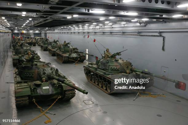 Tanks are seen inside the TCG Bayraktar navy vessel during the Efes-2018 Combined Joint Live Fire Exercise at Seferihisar district of Izmir, Turkey...