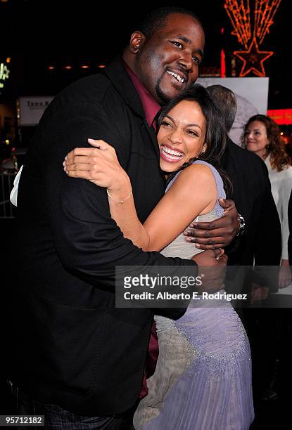 Actor Quinton Aaron and actress Rosario Dawson arrive at the premiere of Warner Bros. 'The Book Of Eli' held at Grauman's Chinese Theatre on January...