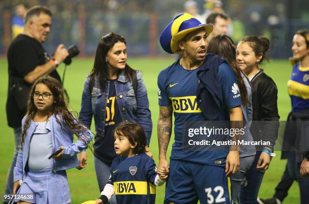 Carlos Tevez of Boca Juniors looks on during the celebration event after winning the Argentina Superliga 2017/18 at Estadio Alberto J. Armando on May...