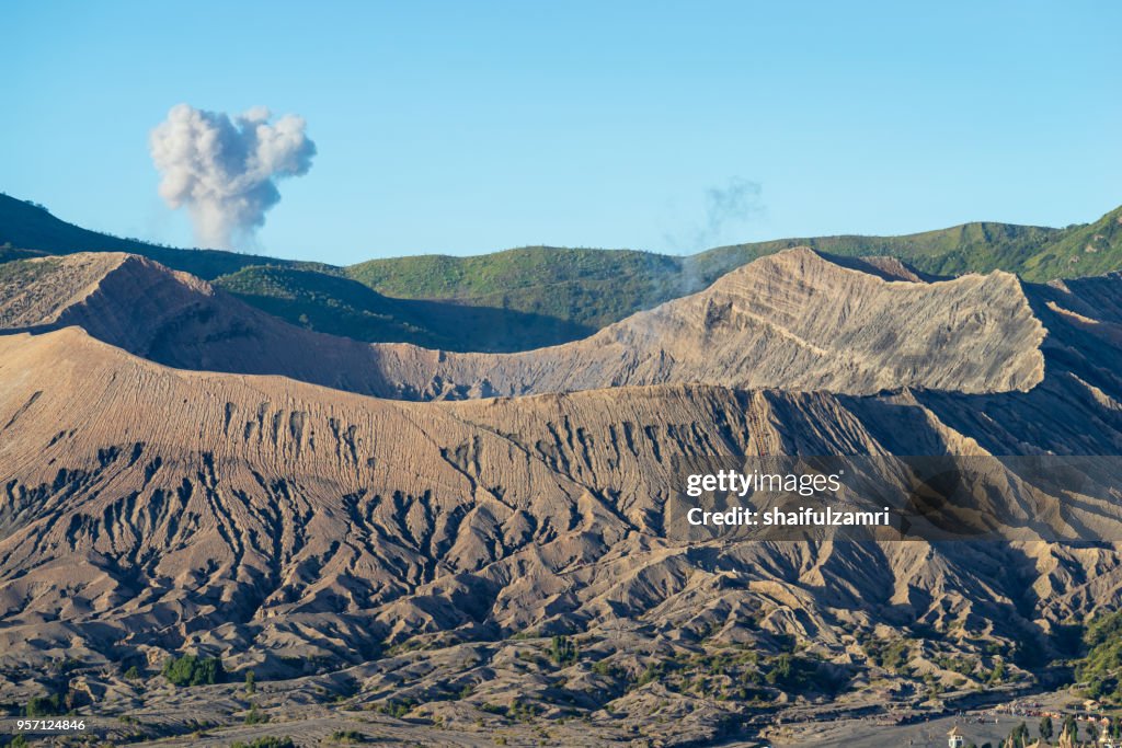 Beautiful view landscape of active volcano crater with smoke at Mt. Bromo, East Java, Indonesia.