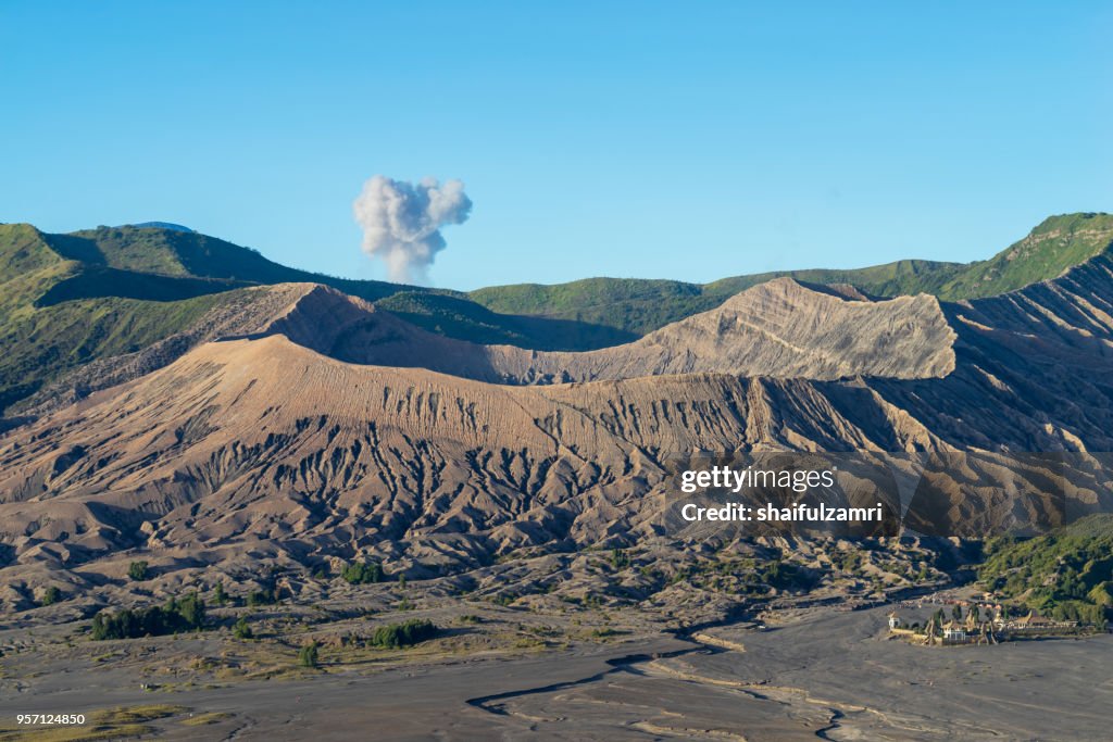 Beautiful view landscape of active volcano crater with smoke at Mt. Bromo, East Java, Indonesia.