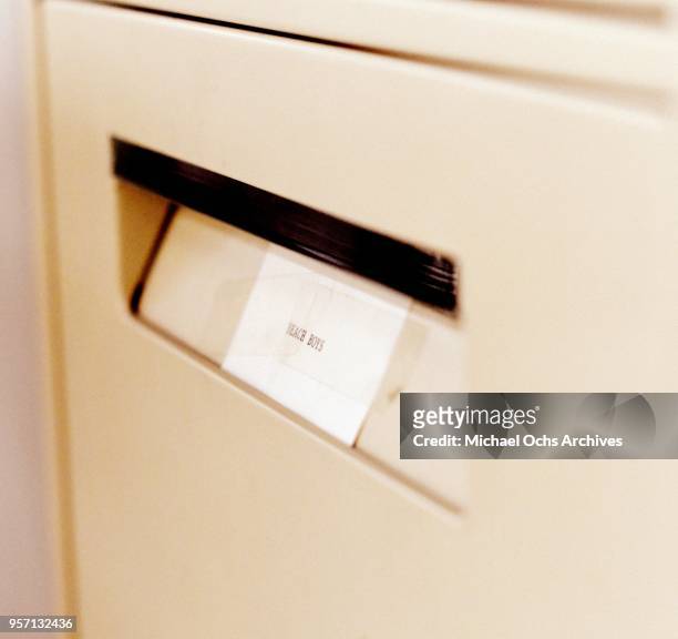 Sticker on a file cabinet reads "Beach Boys" in the Michael Ochs Archives on May 10, 2018 in Los Angeles, California.