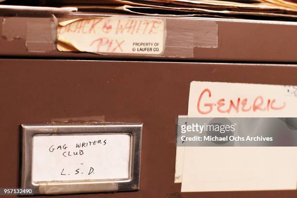 Label on a file cabinet reads "Gag Writers Club - L.S.D. - Generic" in the Michael Ochs Archives on May 10, 2018 in Los Angeles, California.