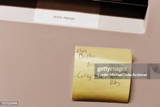 Label on a file cabinet reads "Elvis Presley - Elvis Beatles Neg, in Gray MOA Files" in the Michael Ochs Archives on May 10, 2018 in Los Angeles,...