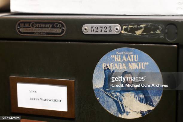 Sticker on a file cabinet features a picture of Ringo Starr and reads "Klaatu Barada Nikto" in the Michael Ochs Archives on May 10, 2018 in Los...