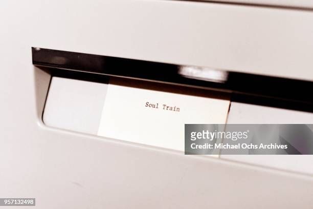 Sticker on a file cabinet reads "Soul Train" in the Michael Ochs Archives on May 10, 2018 in Los Angeles, California.