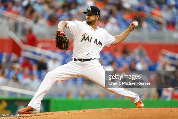 Caleb Smith of the Miami Marlins delivers a pitch in the first inning against the Atlanta Braves at Marlins Park on May 10, 2018 in Miami, Florida.