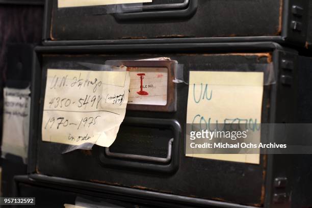 Label on a file cabinet reads "UN Collection" in the Michael Ochs Archives on May 10, 2018 in Los Angeles, California.