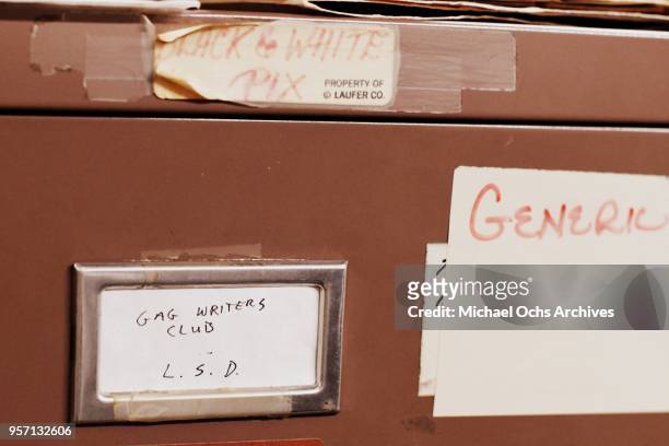 Label on a file cabinet reads "Gag Writers Club - L.S.D. - Generic" in the Michael Ochs Archives on May 10, 2018 in Los Angeles, California.