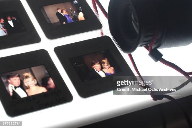 Slides of Donald Trump sit on a lightbox in the Michael Ochs Archives on May 10, 2018 in Los Angeles, California.