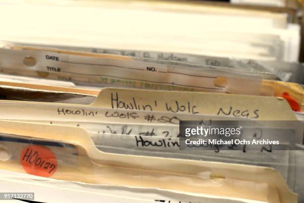 File folder reads "Howlin' Wolf" amongst other file folders in the Michael Ochs Archives on May 10, 2018 in Los Angeles, California.