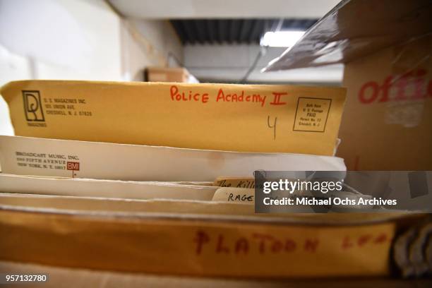 View of manila envelopes and folders that contain pictures of the movie "Police Academy II, The Killing Fields, Rage in Harlem" in the Michael Ochs...