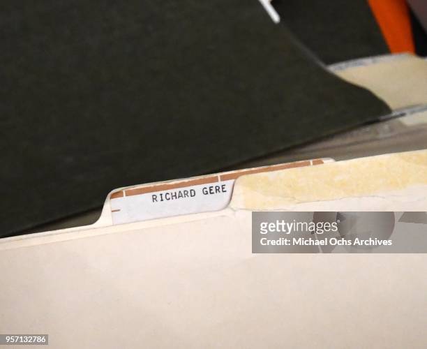 View of file folder that reads "Richard Gere" in the Michael Ochs Archives on May 10, 2018 in Los Angeles, California.