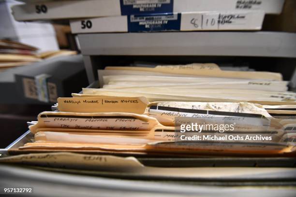 View of inside a file drawer with a manila folder that reads "Marilyn Monroe - Random Movies" among many other files in the Michael Ochs Archives on...