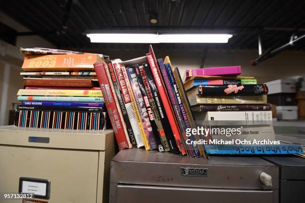 View of a pile of books in the Michael Ochs Archives on May 10, 2018 in Los Angeles, California.
