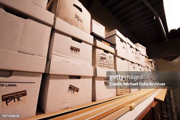 View of a stack of boxes containing the Pix Collection in the Michael Ochs Archives on May 10, 2018 in Los Angeles, California.