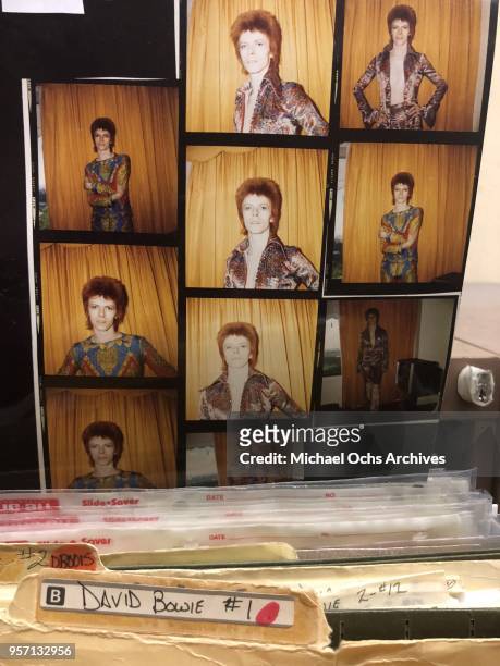 Proof sheet of David Bowie in file cabinets of the Michael Ochs Archives on May 10, 2018 in Los Angeles, California.