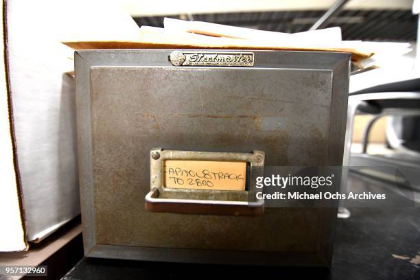 View of a metal box that reads "Steelmaster - Capitol 8 Track" in the Michael Ochs Archives on May 10, 2018 in Los Angeles, California.