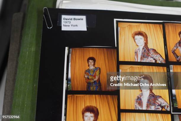 Proof sheet of David Bowie sits on a lightbox in the Michael Ochs Archives on May 10, 2018 in Los Angeles, California.