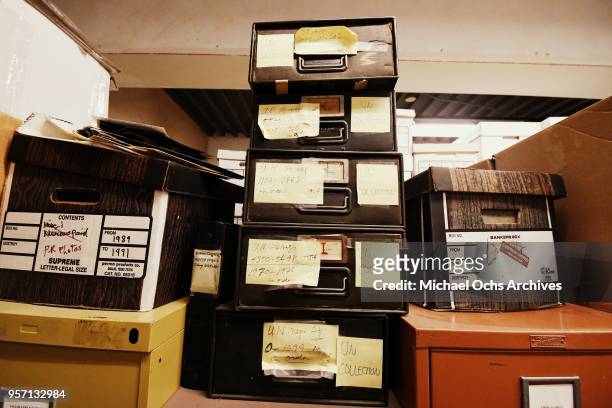 View of a stack of file boxes containng the UN Collection in the Michael Ochs Archives on May 10, 2018 in Los Angeles, California.