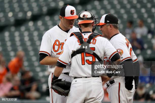 Starting pitcher Chris Tillman of the Baltimore Orioles talks with catcher Chance Sisco and pitching coach Roger McDowell in the first inning against...