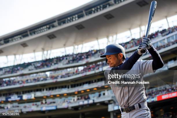 Ichiro Suzuki of the Seattle Mariners stands on deck to bat against the Minnesota Twins during the home opening game on April 5, 2018 at Target Field...