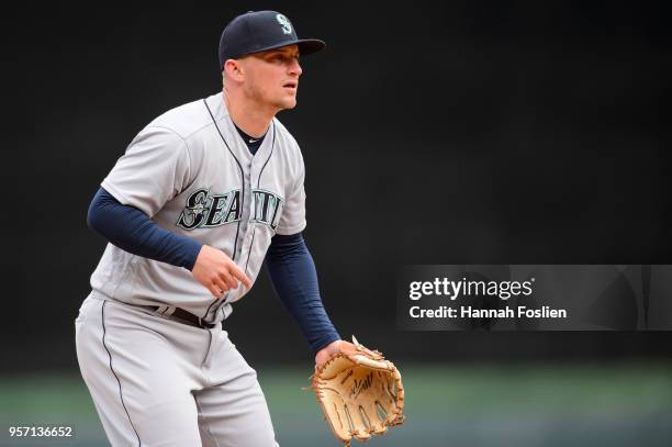 Kyle Seager of the Seattle Mariners plays third base against the Minnesota Twins during the home opening game on April 5, 2018 at Target Field in...