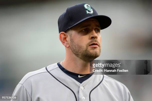 James Paxton of the Seattle Mariners looks on during the home opening game against the Minnesota Twins on April 5, 2018 at Target Field in...
