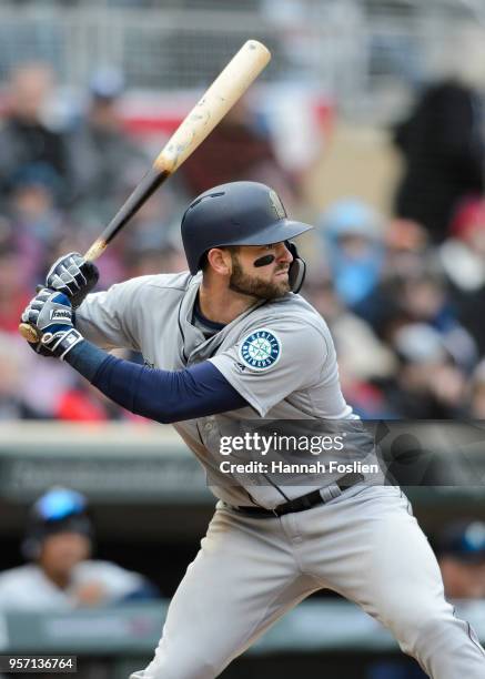 Mitch Haniger of the Seattle Mariners takes an at bat against the Minnesota Twins during the home opening game on April 5, 2018 at Target Field in...