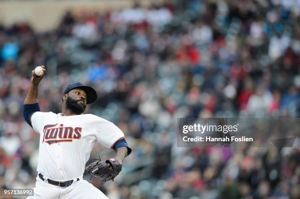 Fernando Rodney of the Minnesota Twins delivers a pitch against the Seattle Mariners during the home opening game on April 5, 2018 at Target Field in...